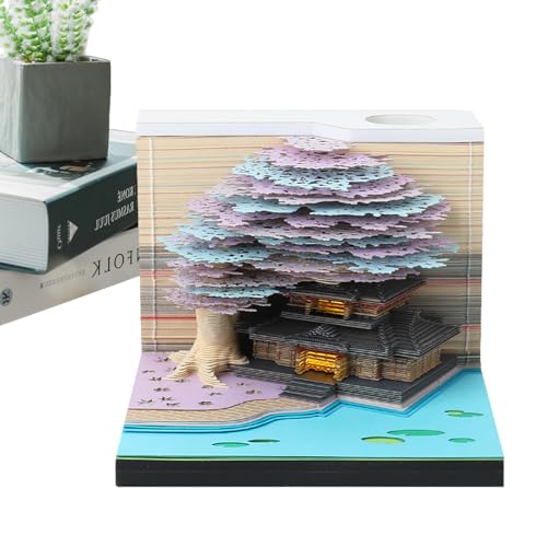 Aizuoni 3D-Papier-Tischkalender - 2024 LED-Kalender,3D Memo Pad Papier Kunst Baum Kreative 3D Notizblock Papier Schnitzen Geschenk Desktop Dekoration, Rosa Baumhaus von Aizuoni