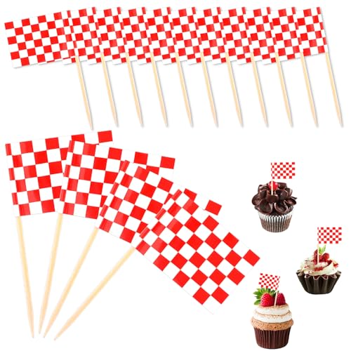 100 Stk Karierten Rennen Zahnstocher Flaggen Checkered Racing Fahne Karierte Rennflagge Zahnstocher Klein Cocktail Zahnstocher Cupcake Toppers für Kindergeburtstag Rennwagen Partysportveranstaltungen von Ajcotahm