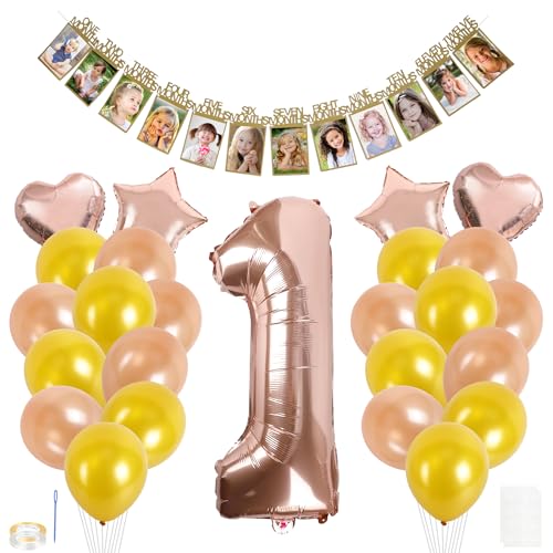 Ajerg 1 Jahr Geburtstag Mädchen - Erster Geburtstag Mädchen Deko, 1. Kindergeburtstag Deko mit Luftballons Rosegold, Fotogirlande Monatlich Foto Banner for Baby 1 Jahr Geburtstag Deko von Ajerg