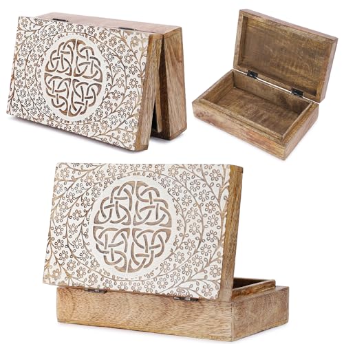 Ajuny Handgefertigte Holz Schmuckschatulle 20×13×6,5 cm – Weiße Vintage Schatztruhe mit keltischem Dreifaltigkeitsknoten (Triquetra), dekorative Aufbewahrungsbox/Organizer, Geschenkidee von Ajuny