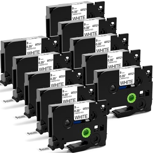 10X Aken Kompatibel Schriftband als Kompatibel mit Brother TZe-221 TZe221 TZ-221 9mm Beschriftungsband Schwarz Weiß, für Beschriftungsgerät P touch 1000 1010 1280 H105 H110 D400 D600 Cube von Aken