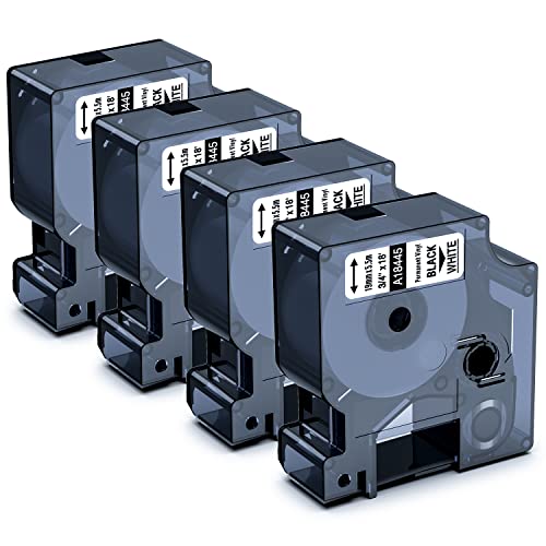 4X Aken Rhino 18445 Etiketten als Ersatz für Dymo Rhino 18445 19 mm x 5,5 m Industrie Vinyl-Etiketten, Selbstklebendes Schwarz auf Weiß Kompatible für Dymo Rhino 4200, 5000, 5200, 6000, ILP219 von Aken