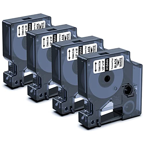 4x Aken Rhino 18444 Etiketten als Ersatz für Dymo Rhino 18444 12 mm x 5,5 m Industrie Vinyl-Etiketten,Selbstklebendes Schwarz auf Weiß Kompatible mit Dymo Rhino 4200, 5000, 5200, 6000, ILP219 von Aken