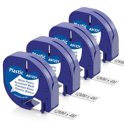 4x Kompatibel mit Dymo LetraTag 12mm x 4m für LT-100H 100T XR 200B, Kompatibel mit Dymo LetraTag XR Etikettenband Plastik 91201 von Aken