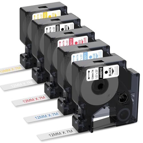 5X Kompatible für Dymo D1 Etikettenband Transaprent 12mm x 7m für Dymo Labelmanager 160 LM280 360 420P, als Ersatz für Dymo D1 45010 45011 45012 45020 45025, Schwarz/Blau/Rot/Weiß/Gold auf Transparent von Aken