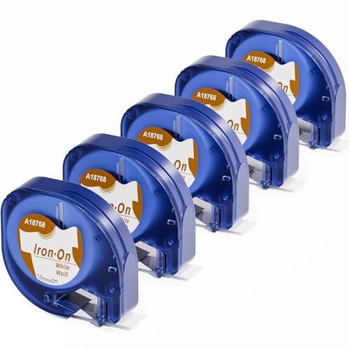 5x Kompatibel Dymo Bügeletiketten 12mm x 2m für Dymo LetraTag XR LT-100H LT-100T LT-110T, Ersatz für Dymo LetraTag Stoffetiketten Iron on 18768, Kompatibel Dymo textiletiketten Schwarz auf Weiß von Aken