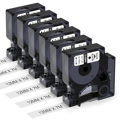 6x Kompatibel mit D1 Etikettenband 12mm x 7m 45013 S0720530 für LabelManager 160 LM280 210D 360 420P, als Ersatz für 45013 45013s Schwarz auf Weiß von Aken