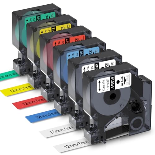 Aken 12mm x 7m Etikettenband Kompatibel mit Dymo D1 für Dymo Labelmanager 160 LM280 360 420P, als Ersatz für D1 Transparent/Weiß/Gelb/Rot/Grün/Blau, 45010 45013 45016 45017 45018 45019 von Aken