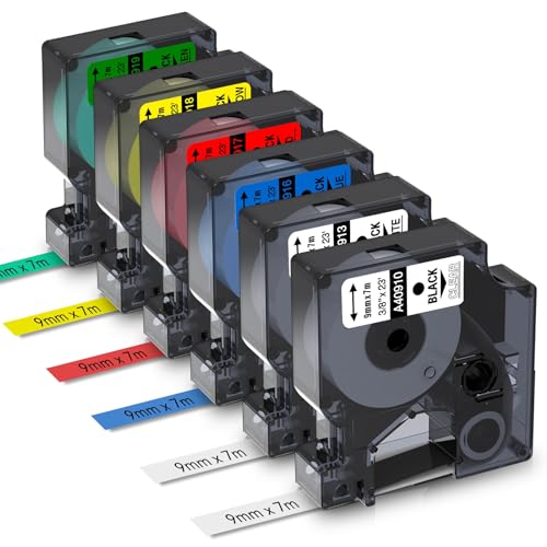 6X Aken Kompatible für D1 Etikettenband 9mm x 7m für Dymo Labelmanager 160 LM280 360 420P, als Ersatz für Dymo D1 9mm Transparent/Weiß/Gelb/Rot/Grün/Blau, 40910 40913 40916 40917 40918 40919 von Aken