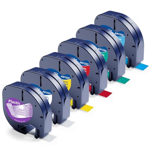 Kompatibel für Dymo LetraTag LT-100H Etikettenband Transparent/Weiß/Gelb/Rot/Grün/Blau für Dymo LetraTag 200B LT-100H LT-100T XR, Ersatz für Dymo 12mm x 4m Kunststoff Schriftband von Aken