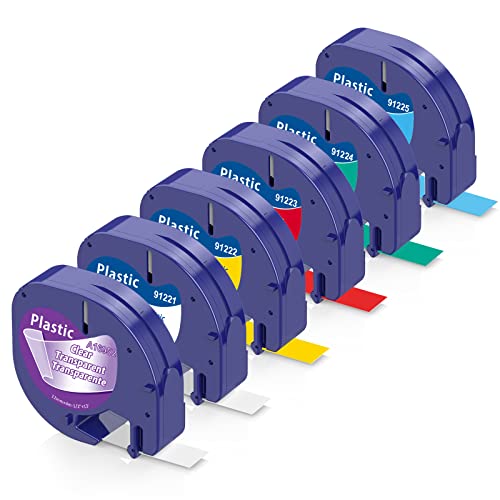 Kompatibel für Dymo LetraTag LT-100H Etikettenband Transparent/Weiß/Gelb/Rot/Grün/Blau für Dymo LetraTag 200B LT-100H LT-100T XR, Ersatz für Dymo 12mm x 4m Kunststoff Schriftband von Aken