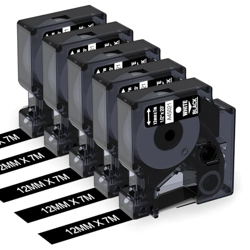 Aken 45021 kompatibel mit Dymo D1 Etikettenband Schwarz 12mm x 7m für LabelManager 160 LM280 210D 360D 420P, kompatibel mit Dymo D1 Etikettenband Weiß auf Schwarz 12mm x 7m S0720610 von Aken