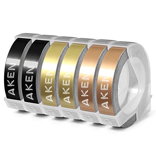 6x Aken Kompatibel mit Dymo Etikettenband Prägeband 9mm für Dymo Omega Prägegerät E-303 E-101, Ersatz für Vinyl-Prägeetiketten Schwarz/Gold/Champagner Gold von Aken