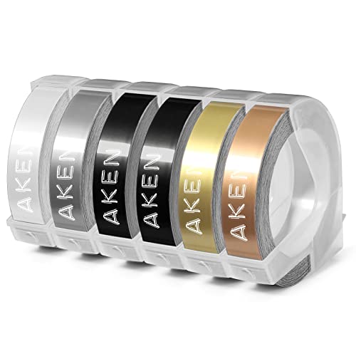 Aken Prägeband 9mm x 3m Kompatible für Dymo Prägeband 3D Vinyl-Prägeetiketten, Kompatible Dymo Prägeband Gold/Schwarz/Silber/Transparent/Champagner Gold für Dymo Omega Junior Prägegerät, 6 Rollen von Aken