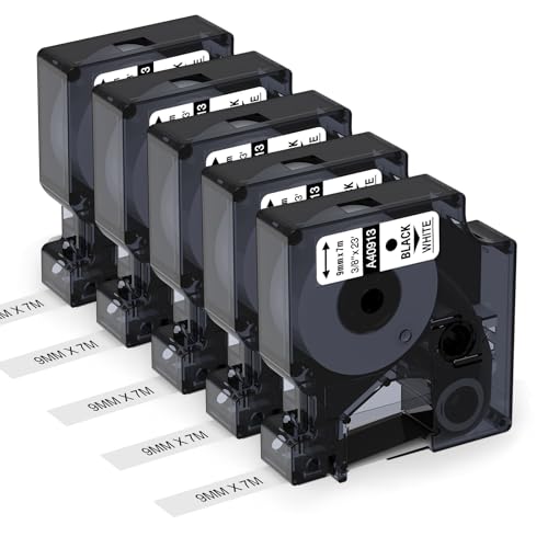 Aken Etikettenband kompatibel mit Dymo D1 9mm 40913 für LabelManager 160 280 210D 360D 420P, kompatibel mit Dymo D1 Etikettenband 9mm x 7m Schwarz auf weiß, 5er-Pack von Aken
