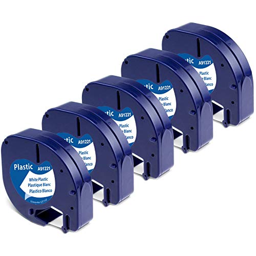 5 x Aken 91221 White Plastic 12mm x 4m Bänder Kompatibel mit Dymo LetraTag XR Schriftband für Letratag LT-100H LT-100T XR 200B, Kompatibel mit Dymo Etikettenband Schwarz auf Weiß S0721660 von Aken