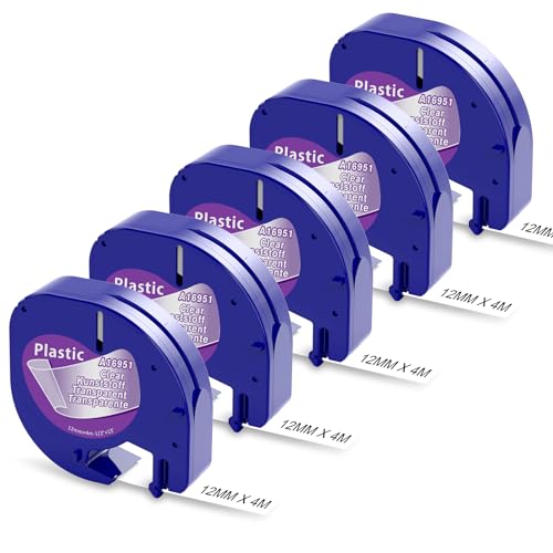 Aken Schriftband Kompatibel mit Dymo LetraTag XR Etikettenband Transparent 12mm x 4m, Clear Plastic 16951 Kompatibel mit Dymo Etikettenband Durchsichtig für LetraTag LT-100H LT-100T 200B XR XM von Aken