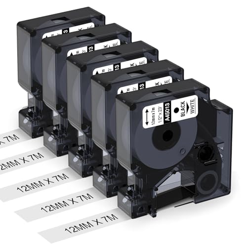Aken Etikettenband Kompatibel mit Dymo D1 45013 12mm x 7m S0720530 45013S für LabelManager 160 280 210D 360D 420P, Kompatibel mit Dymo D1 Etikettenband 12mm x 7m Schwarz auf weiß von Aken