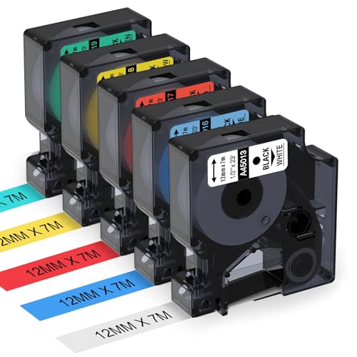 Aken Etikettenband Kompatibel mit Dymo D1 12mm x 7m für Dymo LabelManager 160 280 210D 360D 420P, Weiß/Gelb/Rot/Grün/Blau, 45013 45016 45017 45018 45019 von Aken
