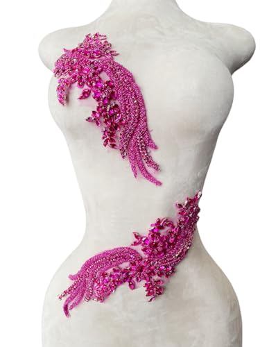1 Paar handgefertigte Perlen Kristall Patches Mieder Spitze DIY Applikation Patches Zubehör für Kleid Kleidung 35 x 12 cm (Rosarot) von Akiko.CC