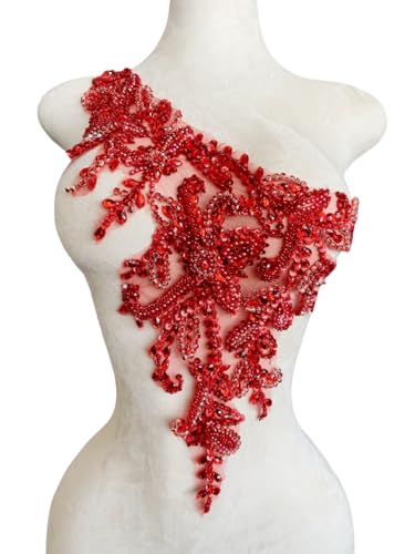 Handgefertigte Strass-Applikation, DIY, Handnähen, Perlen, Pailletten, Besatz, eine Schulter, Kleid, Kleidung, Accessoires, 25,4 x 55,9 cm (Rot, B) von Akiko.CC