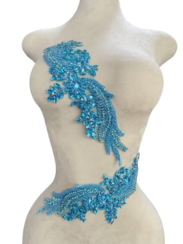 Handgefertigtes Flicken mit Perlen und Kristallen, für Mieder, Spitze, DIY-Aufnäher, Zubehör für Kleider, Kleidung, 35 x 12 cm, Himmelblau von Akiko.CC