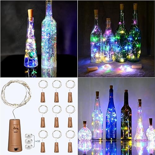 Akynite LED Flaschenlicht Bunt mit Korken, 20 LEDs 2M Lichterkette Wasserdicht, Korken Lichterkette Bunt für Flaschen Deko, für Party Weihnachten Tischdekoration Hochzeitstisch, 10er-set von Akynite