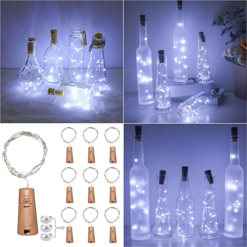 Akynite Lichterketten Innen Kaltweiß mit Kork, Korken LED Flaschenlicht, 20 LEDs 2M Lichterkette Wasserdicht, Korken Lichterkette Kaltweiss, Deko für Flaschen für Weihnachten Party, 10er-set von Akynite