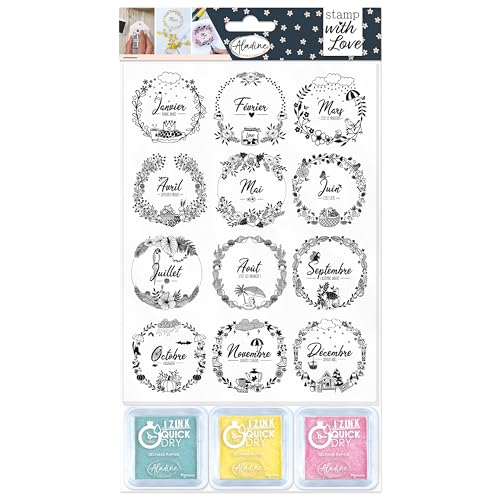 Aladine - Set mit 12 Stempeln & 3 Stempelkissen – Monate Kronen – Jahreszeiten Kalender Monat des Jahres – für Scrapbooking, Karten, kreative Hobbys – Blau, Gelb, Rosa – 03629 von Aladine