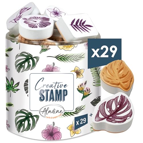 Aladine - Stampo Scrap – Stempel-Set für kreative Karten – Scrap, DIY, Basteln – Stempelset zum Mitnehmen überall + schwarzes Stempelkissen enthalten (Jungle) von Aladine