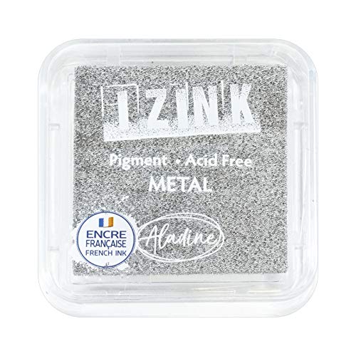 Aladine – Stempelkissen Izink Pigment Metall Silber – Stempelkissen silberfarben langsam trocknend – Scrapbooking, Embossing und kreative Karten – Größe M – 5 x 5 cm – Farbe Metallic Silber von Aladine