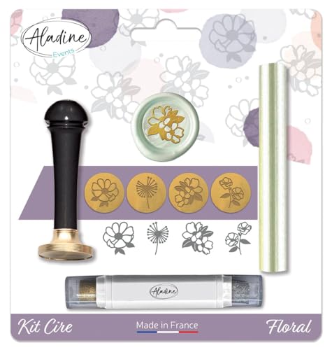 Aladine Wachs-Set mit Blumenmuster – Scrapbooking und kreative Karten – Wachs + Griff + Stempelkissen + 4 thematische Siegel aus Messing von Aladine