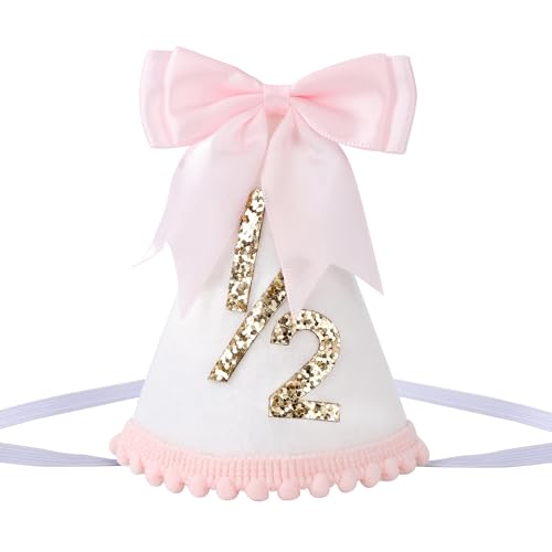 Alainzeo Halber Geburtstagshut, verstellbar, 6 Monate Meilenstein, Babykegel für Fotoshooting, 1/2 Partyhut, Outfit für Mädchen/Jungen (rosa Schleife) von Alainzeo
