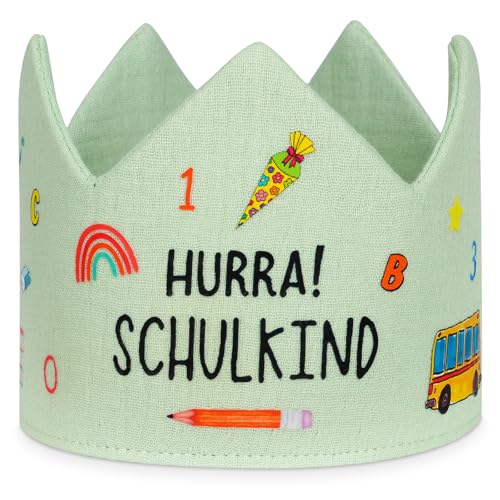Alaoo 2025 Schulkind Einschulung Krone,Einschulung Geschenk Schulkind 2025,Hochwertig Bestickt Anpassbare Schnürung Zweifarbig,Deko Einschulung Mädchen Junge-HURRA Schulkind von Alaoo