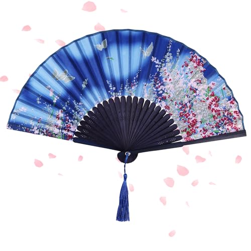 Alaoo Handfächer, Faltbare Fächer für eine Abkühlung im Sommer, Bambusfächer mit Quaste, Chinesischer handfächer für Geburtstagsgeschenke, Tanzen, Cosplay, Requisiten-Dekoration (Blau) von Alaoo
