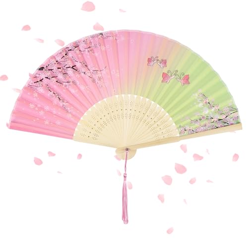 Alaoo Handfächer, Faltbare Fächer für eine Abkühlung im Sommer, Bambusfächer mit Quaste, Chinesischer handfächer für Geburtstagsgeschenke, Tanzen, Cosplay, Requisiten-Dekoration (Rosagrün) von Alaoo