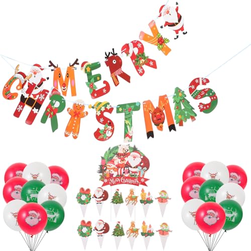 Alasum Weihnachts-Party-Dekorationszubehör-Set Inklusive Frohe Weihnachten-Banner 18 Luftballons Mit Weihnachtsthema Und 13 Weihnachtsmann-Schneemann-Kuchenaufsatz von Alasum