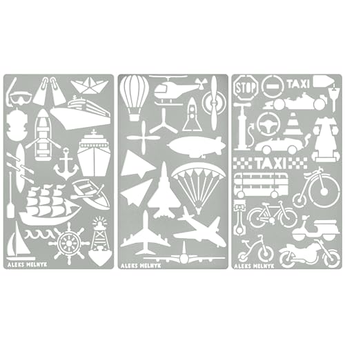 Aleks Melnyk #46 Schablonen, Metall Vorlagen for Painting, Transport, Symbole, 3 Stück, DIY Kunst Projekte, Stencils für Scrapbooking und Zeichnen, Brandmalerei Schablonen, Basteln, Bullet Journaling von Aleks Melnyk