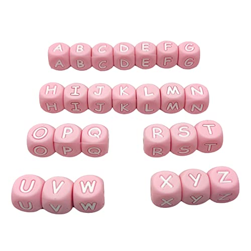 52 quadratische Silikon-Buchstabenperlen für Schlüsselanhänger, 12 mm, Silikon-Alphabet-Perlen, Name für Schmuck, Mutter, Schlüsselband, Bastelzubehör (Rosa) von Alenybeby