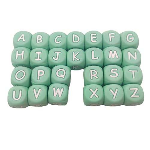 52 quadratische Silikon-Buchstabenperlen für Schlüsselanhänger, 12 mm, Silikon-Alphabet-Perlen, Name für Schmuck, Mutter, Schlüsselband, Bastelzubehör (grün) von Alenybeby