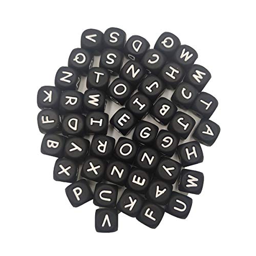 52 quadratische Silikon-Buchstabenperlen für Schlüsselanhänger, 12 mm Silikon-Alphabet-Perlen, Name für Schmuck, Mutter, Schlüsselband, Bastelzubehör (schwarz) von Alenybeby