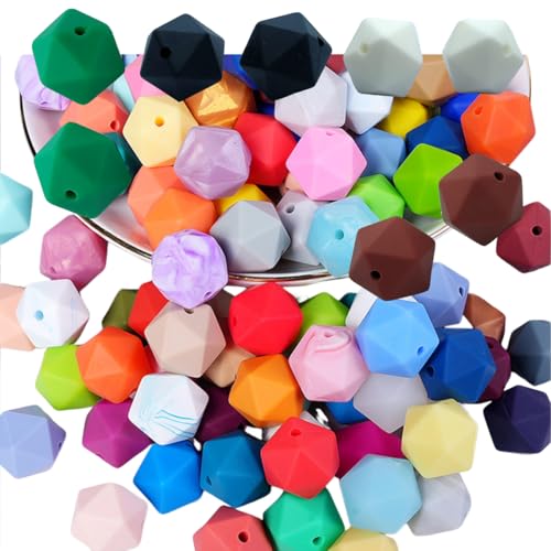 Alenybeby 100 Stück 17 mm geometrische achteckige Silikonperlen, groß, bunt, polygonale Ikosaeder, Silikon-Gummiperlen für Stifte, Schlüsselband, DIY, Schmuckherstellung von Alenybeby
