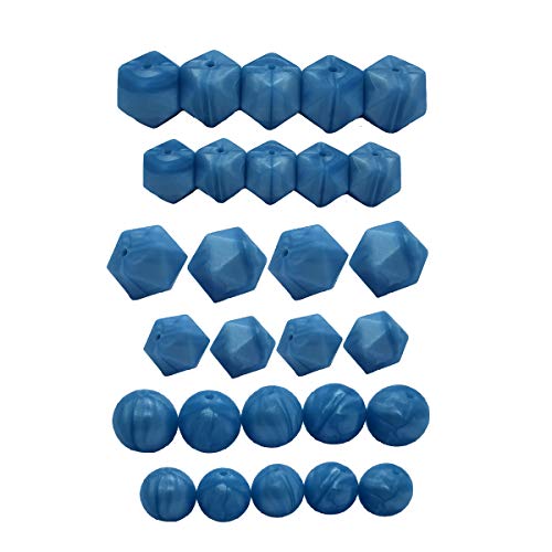 Alenybeby 50 Stück blaue Silikonperlen, sechseckig, 17 mm, Ikosaederperlen, 12 mm und 15 mm, runde Perlen für Schlüsselanhänger, DIY, Silikonperlen, Set, Mutter, Handwerk, Halskette, von Alenybeby