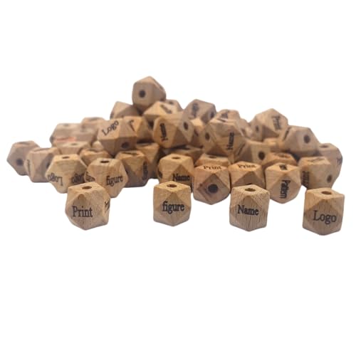 Alenybeby Natürliche sechseckige Holzperlen mit aufgedrucktem Buchstabenmuster, unlackiertes Buchenholz, facettiert, Abstandshalter zum Basteln, 50 Stück (12 mm - 50) von Alenybeby