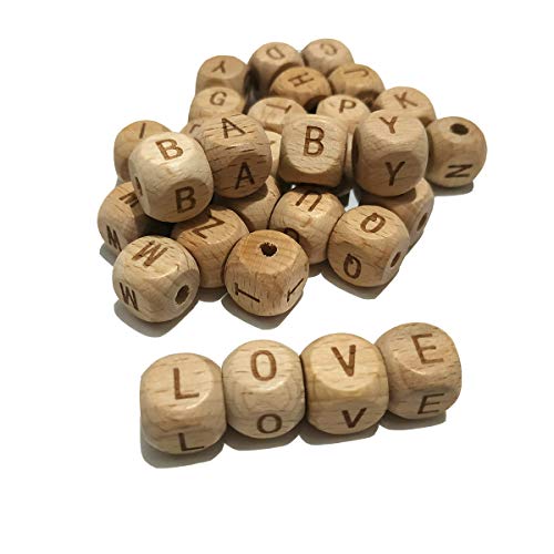 Alenybeby Quadratische Perlen aus natürlichem Buchenholz, 10 mm, 100 Stück, 3 mm Loch, für DIY-Schmuckherstellung und Handwerk (12 mm Buchstabe) von Alenybeby