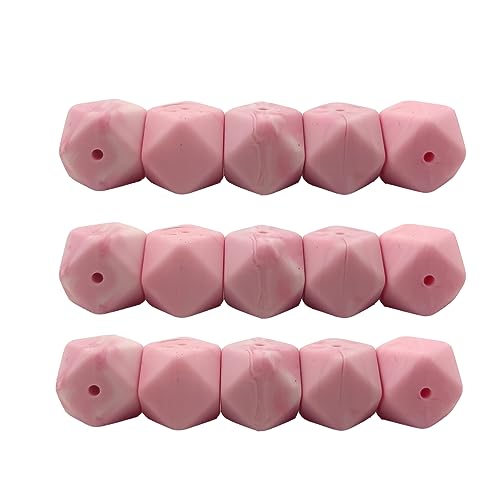 Alenybeby Sechseckige Silikon-Perlen, 17 mm, 30 Stück, Bulk-Silikon-Gummi, Fokal-Polygon-Würfel, Perlen für Schlüsselanhänger und Bastelprojekte, Marmorrosa, 17 Stück von Alenybeby