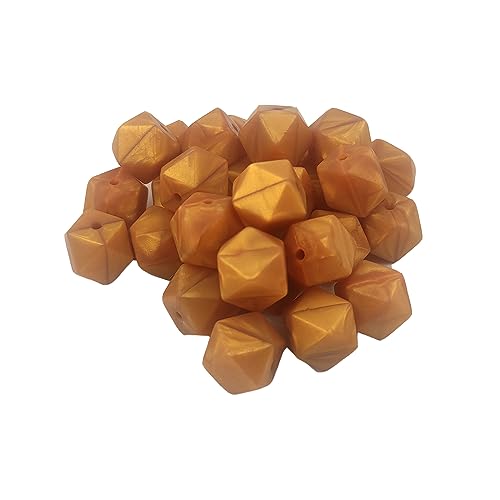 Alenybeby Sechseckige Silikon-Perlen, 17 mm, 30 Stück, Bulk-Silikon-Gummi, Fokal-Polygon-Würfel, Perlen für Schlüsselanhänger und Bastelprojekte (Metallic-Gold, 17) von Alenybeby