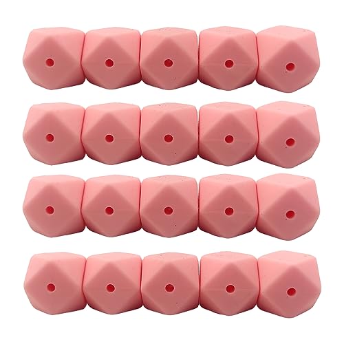 Alenybeby Sechseckige Silikon-Perlen, Kugel, 14 mm, lose geometrische sechseckige Silikonperlen für Schlüsselanhänger, Mutter, Schlüsselband, Schmuckherstellung, 50 Stück (Rosenquarz, 14) von Alenybeby