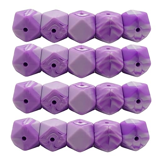 Alenybeby Sechseckige Silikon-Perlen, Kugeln, 14 mm, lose, geometrische Sechseck-Perlen für Schlüsselanhänger, Mutter, Schlüsselband, Schmuckherstellung, 50 Stück (Marmor-Lila, 14) von Alenybeby