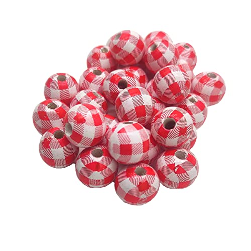 Bunte natürliche runde Holzperlen, großes Loch, 16 mm, Holzhandwerk, Bulk mit Gittermuster, lose Abstandshalter für Schlüsselanhänger, Schmuckherstellung, 100 Stück (Rot-Weiß) von Alenybeby